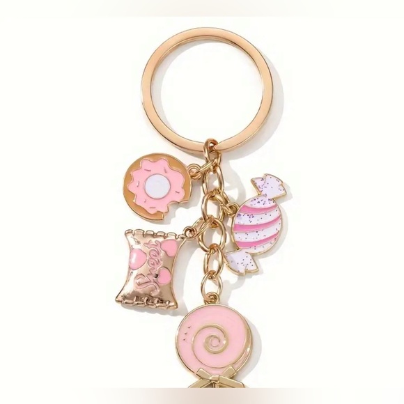 NXQXN Sweet Pink Candy & Donut Charm Keychain - Gold-Toned - Picture 3 of 5
